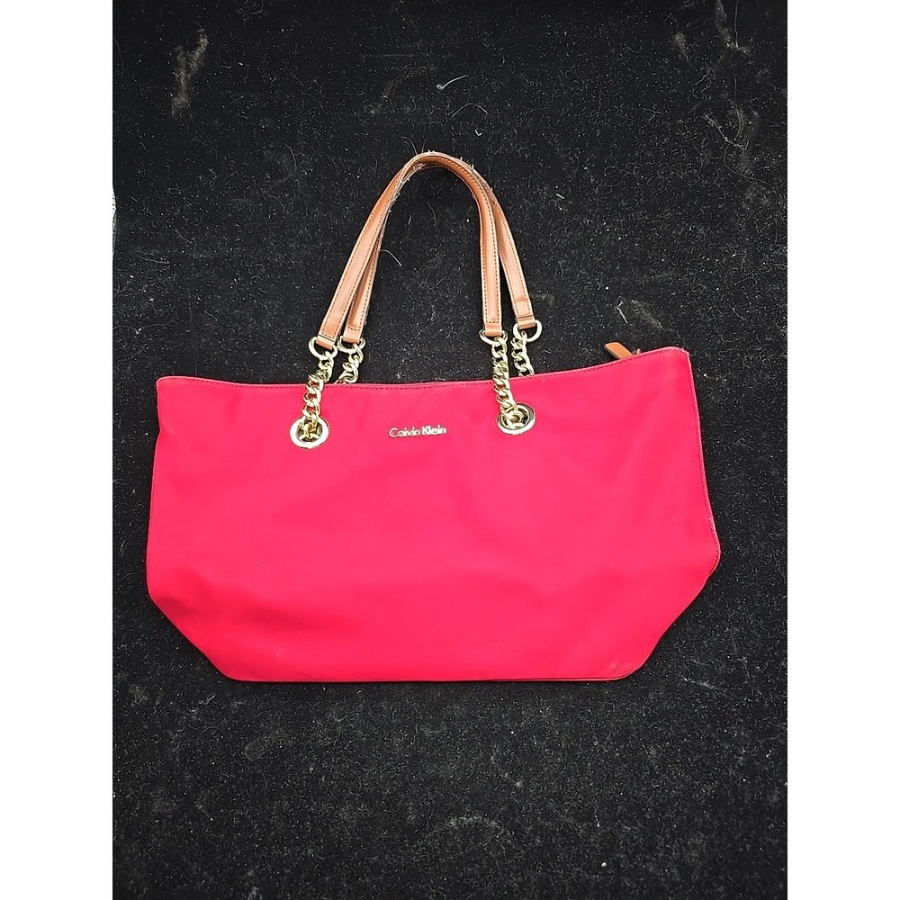 Calvin Klein Florence Nylon Bright Red & Gold Chain Small Tote Bag Purse